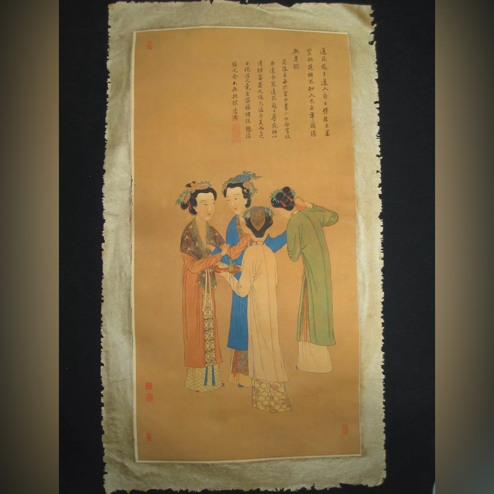 Old Antique Chinese Painting Scroll about Beauties on Rice paper by Tang Yin唐寅